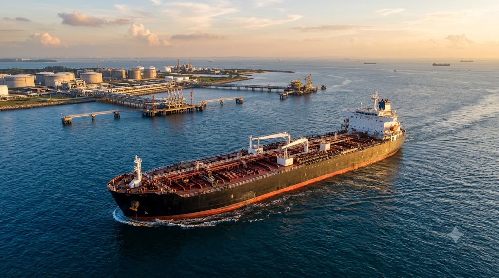 Commercial crude oil tanker vessel navigating shipping lanes near a petroleum terminal at sunset