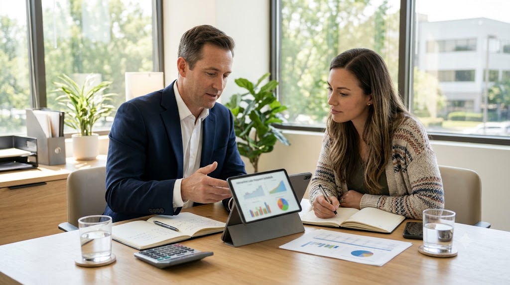 Senior financial advisor presenting credit card debt elimination models and mortgage schedules on a digital tablet