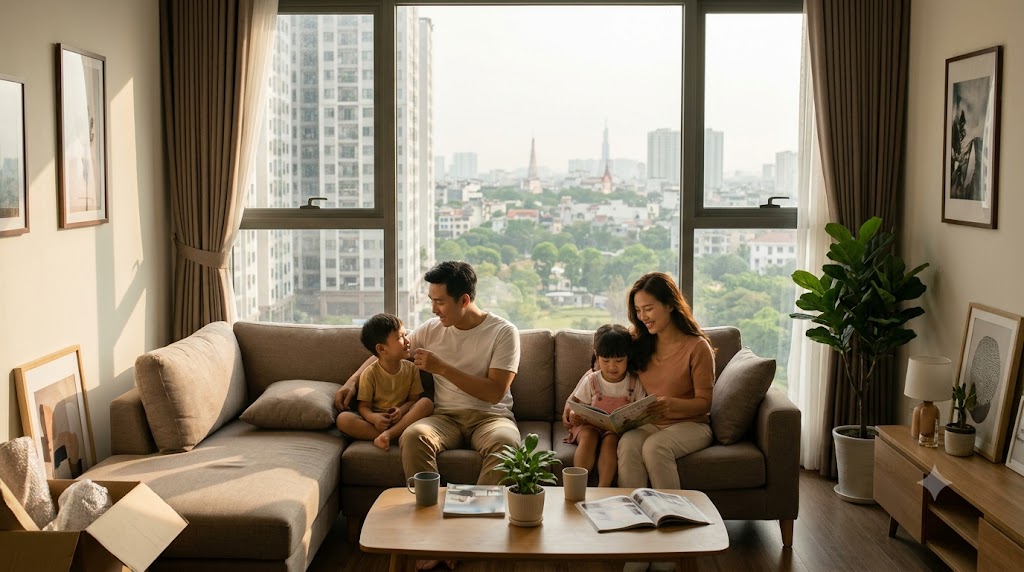 Gia đình trẻ an cư trong căn hộ chung cư hiện đại tại Việt Nam với không gian sống tiện nghi