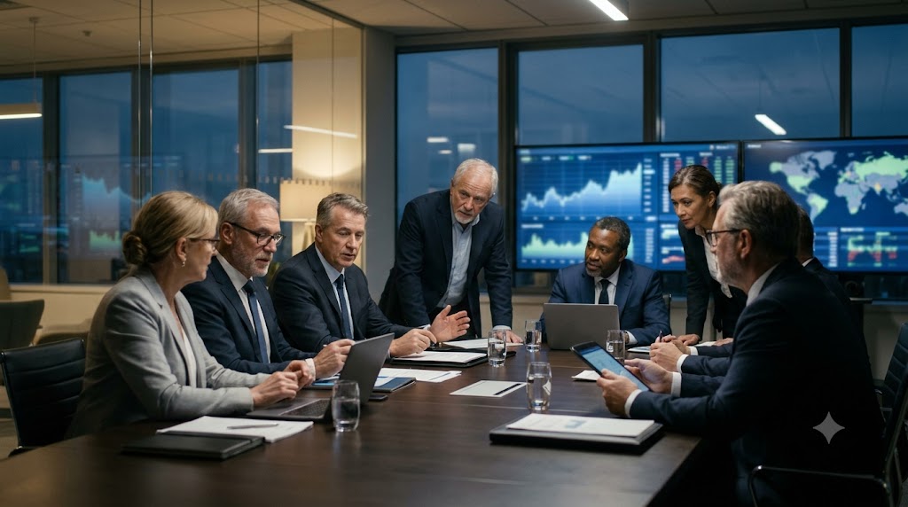Senior financial strategists discussing monetary policy around boardroom table with financial charts