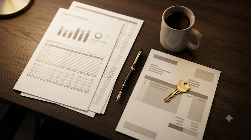 Executive banking consultation desk showing balance tier disclosures and mortgage amortization schedules