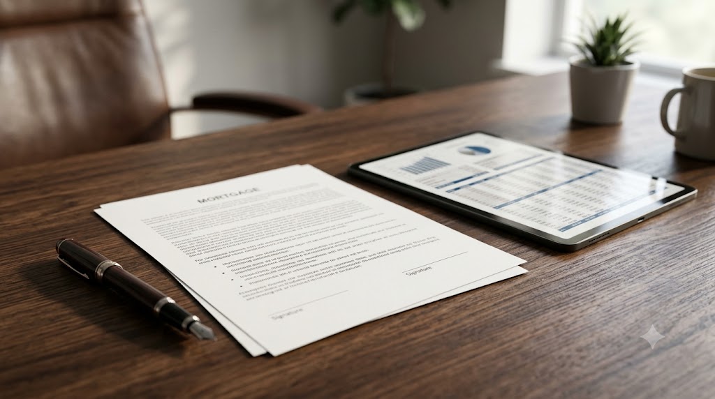 Mortgage underwriting document and amortization breakdown on a tablet screen