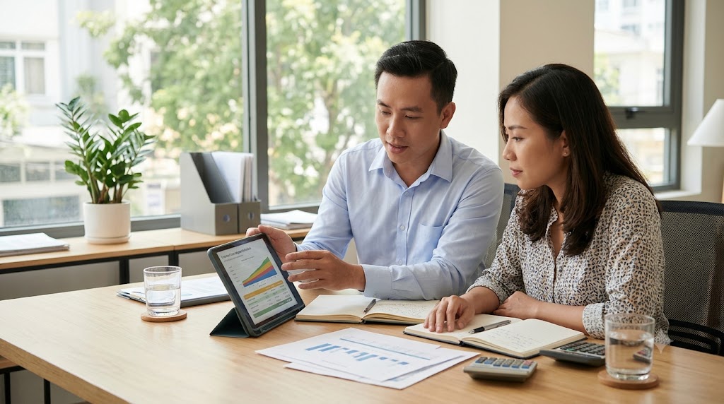 chuyên gia tư vấn phân tích bảng tính lãi vay và lịch trả nợ cho khách hàng mua nhà